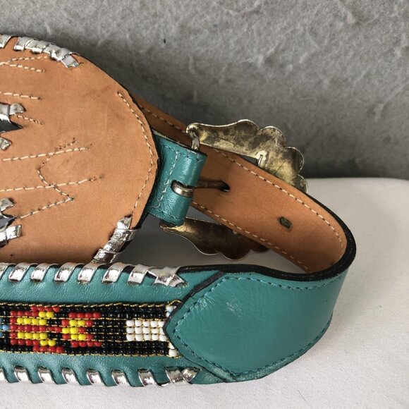 Enterprises Beaded Leather Belt Womens Medium Turquoise Western Buckle USA 408 - Picture 13 of 16